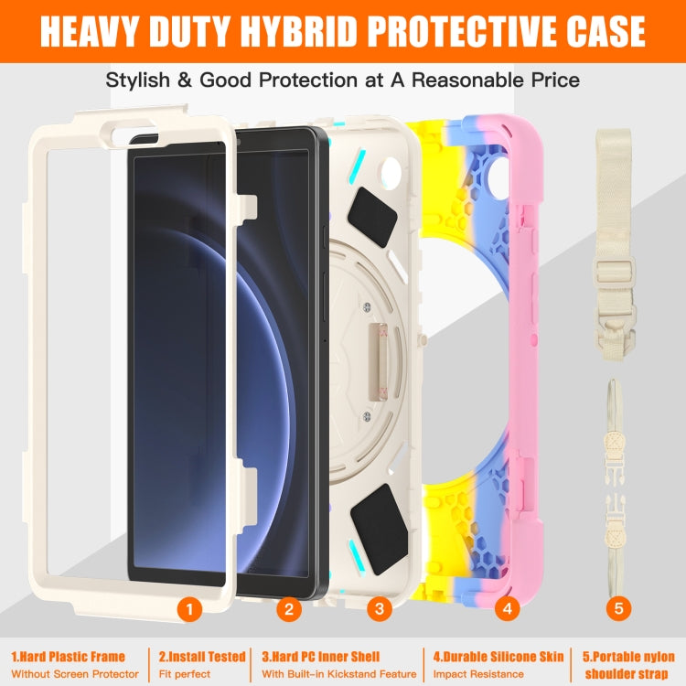 Samsung Galaxy Tab A9+ case featuring a rotary handle, pen slot, and shoulder strap for enhanced protection and usability.